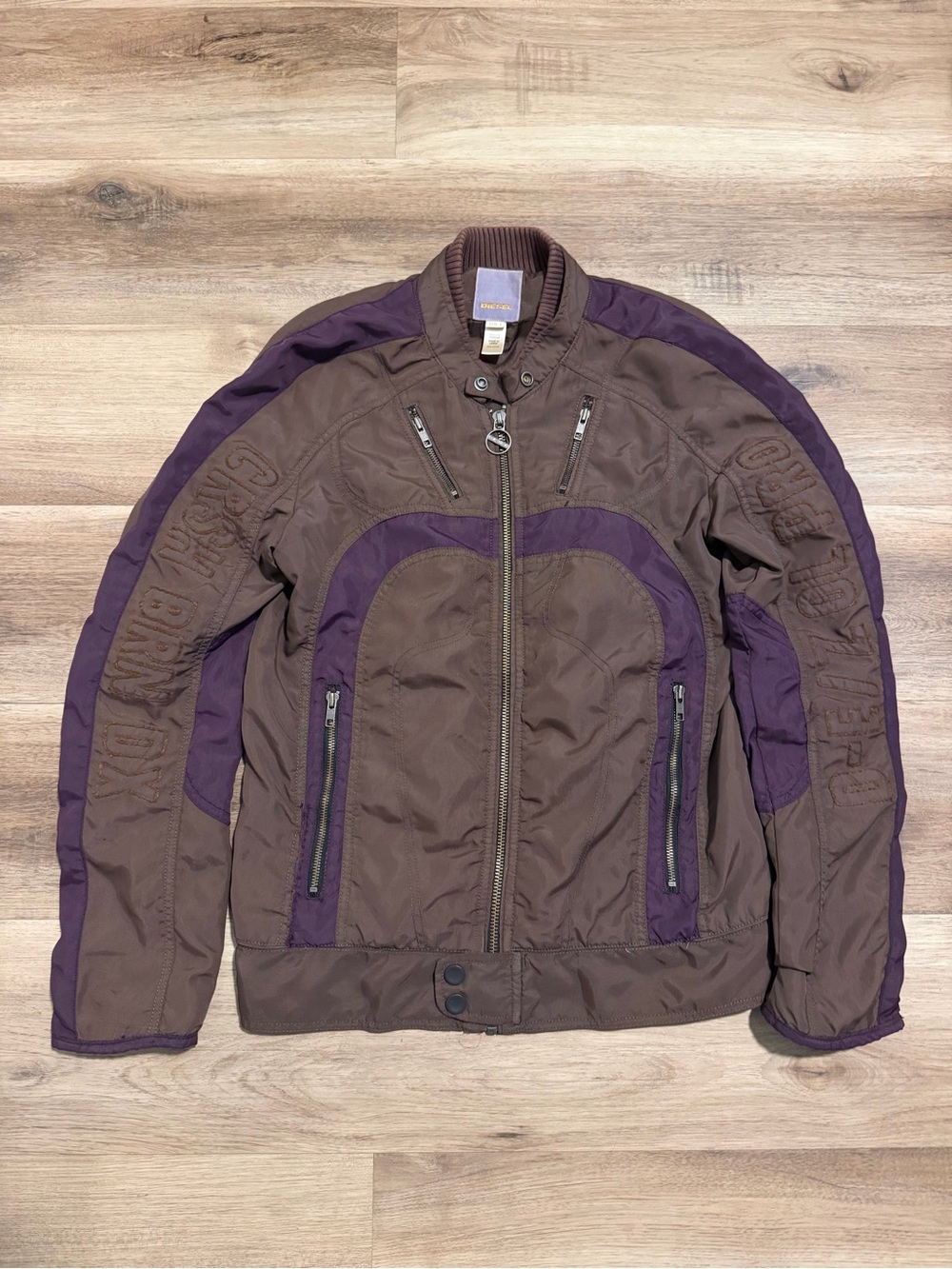 Vtg Y2k Diesel Brown Purple Nylon Moto Bomber Jacket Size S